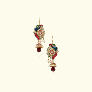 Crimson Azure Peacock Earrings by Gift Elegantly. Polki and pearls form a peacock shape with blue and red enameling. Treat yourself or gift someone special.