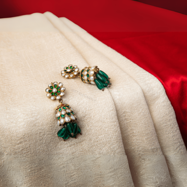 Verdant Delight Earrings by Gift Elegantly. Green stone earrings with pearls and green stone latkhan. Ideal for special occasions and gifting.