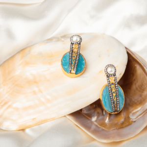 Aqua Lumina Earrings by Gift Elegantly. Turquoise blue stone earrings with pearls and diamonds. Ideal for special occasions and gifting.