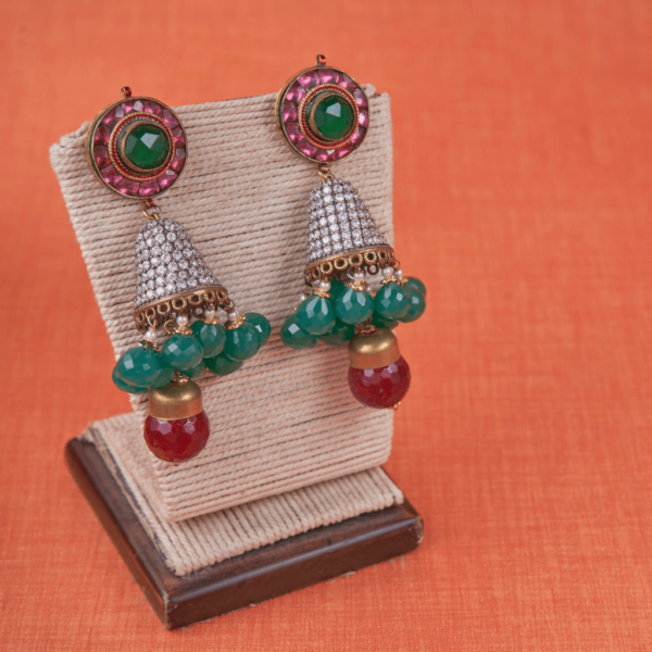 Enchanted Jewel Earrings by Gift Elegantly. Red and green stone earrings with diamond accents. Ideal for premium wear and gifting.