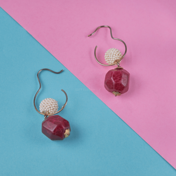 Scarlet Snow Earrings by Gift Elegantly. Red and white stone hook earrings. Ideal for casual wear. Treat yourself or gift someone special.