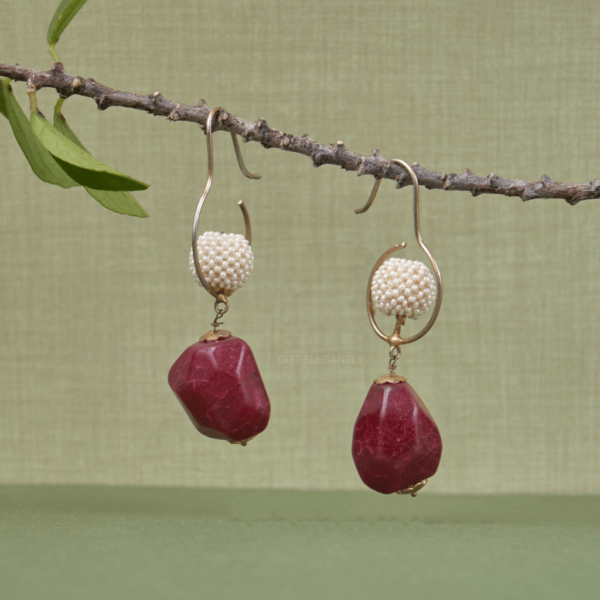 Pearl and red stone hook style earrings KER 130