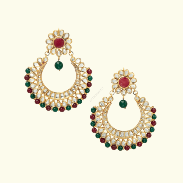 Regal Charm Chand Bali Earrings by Gift Elegantly. Earrings with polki design and red and green stones. Ideal for special occasions and gifting.