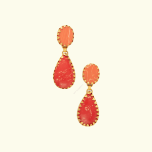 Sunlit Glow Earrings by Gift Elegantly. Orange stone earrings with golden inclusions and border. Perfect for casual wear and gifting.