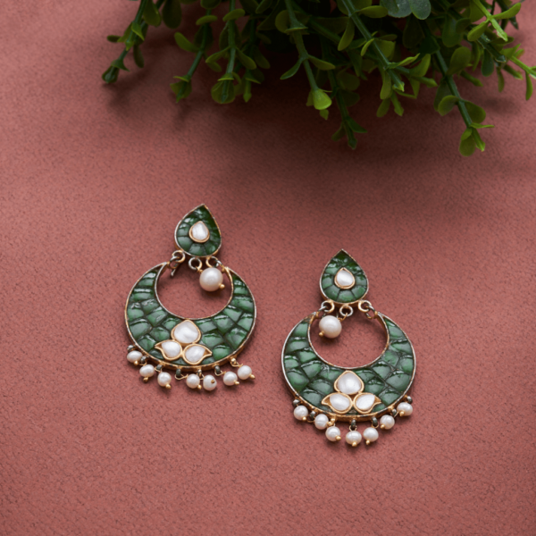 Verdant Grace Earrings (Chand bali style) by Gift Elegantly. Green stone and pearl earrings. Perfect for casual wear and gifting.