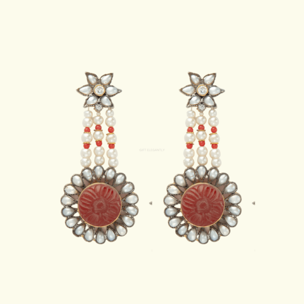 Earrings in orange stone and pearls KER 136