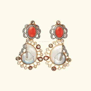 Sunset Glow Earrings by Gift Elegantly. Earrings with mother of pearl and orange stones. Perfect for special occasions and gifting.