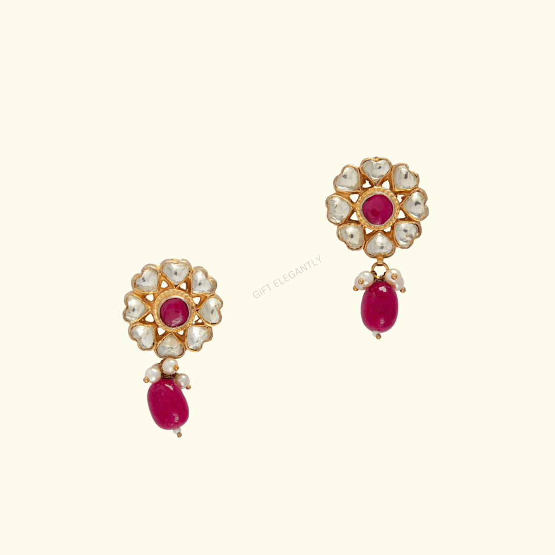 Polki Earrings with Pearl and Red Stone Latkan by Gift Elegantly. Imitation jewelry in flower shape featuring Polki stones and pearls. Perfect for gifting.