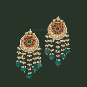 Polki Earrings with Pearl and Green Stone Latkan by Gift Elegantly.