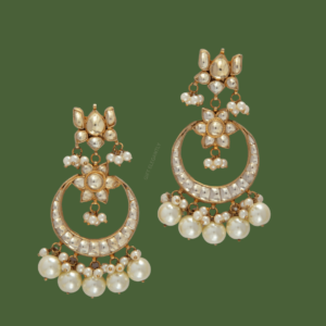 Polki Earrings with Pearl Latkan by Gift Elegantly. Chand bali-shaped imitation jewelry featuring pearls and Polki stones. Perfect for gifting yourself or others.