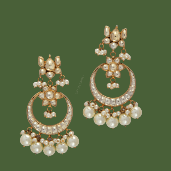 Polki Earrings with Pearl Latkan by Gift Elegantly. Chand bali-shaped imitation jewelry featuring pearls and Polki stones. Perfect for gifting yourself or others.