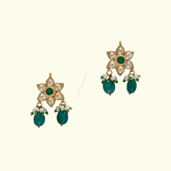 Polki Earrings with Green Stone by Gift Elegantly. Imitation jewelry in flower shape with pearls and latkhan. Perfect for gifting yourself or others.