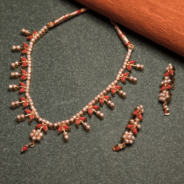 Flower Leaf Orange Stone and Pearl Necklace Set by Gift Elegantly.