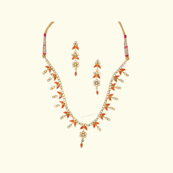 Flower leaf orange stone and pearl necklace set KNS 107