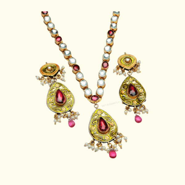 Polki with drop shape red stone necklace set KNS 109