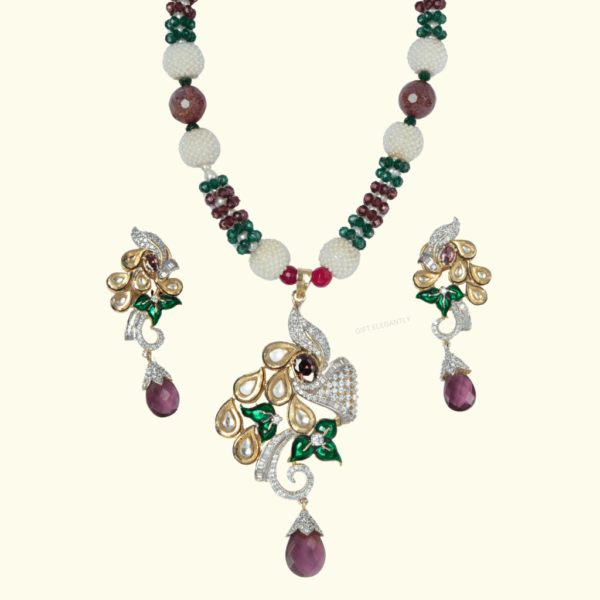 Diamond polki with red and green stones necklace set KNS 110