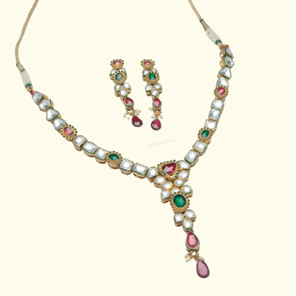 Necklace set | Red, Green stone | Polki | Party, wedding occasion | Gift Elegantly