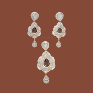 Gift Elegantly's Luminous Harmony Pendant Set features a pear-shaped colored stone, surrounded by diamonds. Perfect for special occasions!