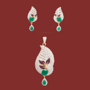 Gift Elegantly's Verdant Symphony Pendant Set features round diamonds in a leaf shape, green stone, and red enamel detailing. Perfect for casual wear.