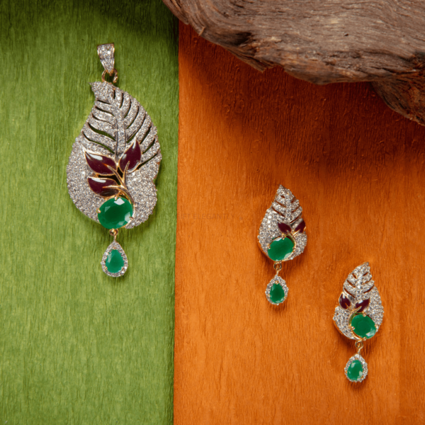 Diamond pendant set in leaf shape with green stone KPS 109