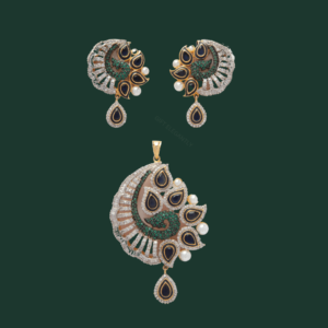 Gift Elegantly's Nocturnal Elegance Pendant Set features round and baguette diamonds, green stones, and pearls in a stunning design. Perfect for special occasions.