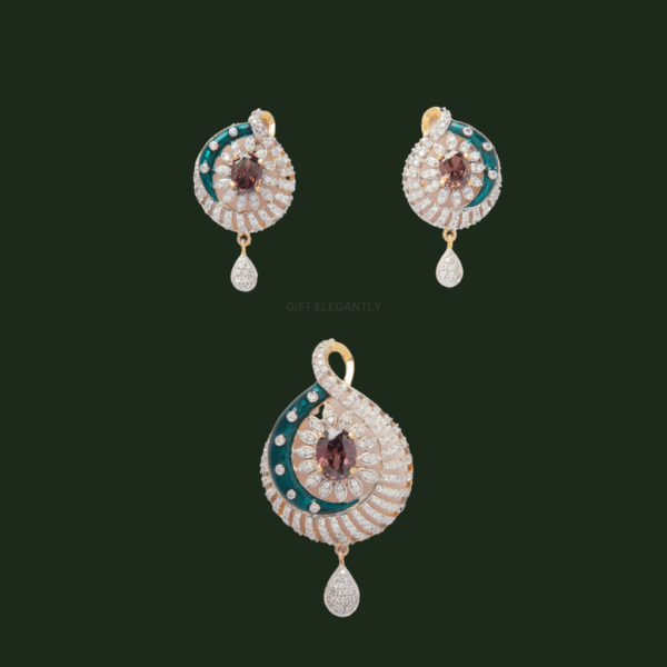 Aurora Blossom Pendant Set by Gift Elegantly features a colored stone, diamonds, and green enamel in a unique design. Ideal for special occasions.