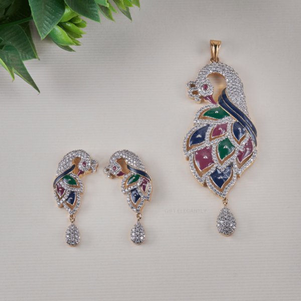 The Majestic Peacock Pendant Set by Gift Elegantly showcases round diamonds and colorful enameling in a peacock shape, perfect for special occasions.