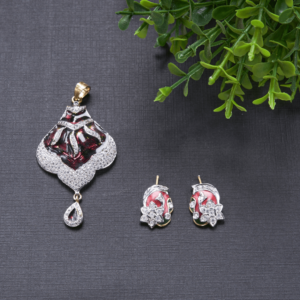 Crimson Glimmer Pendant Set by Gift Elegantly features red enameling with diamond accents. Traditional style, perfect for special occasions.