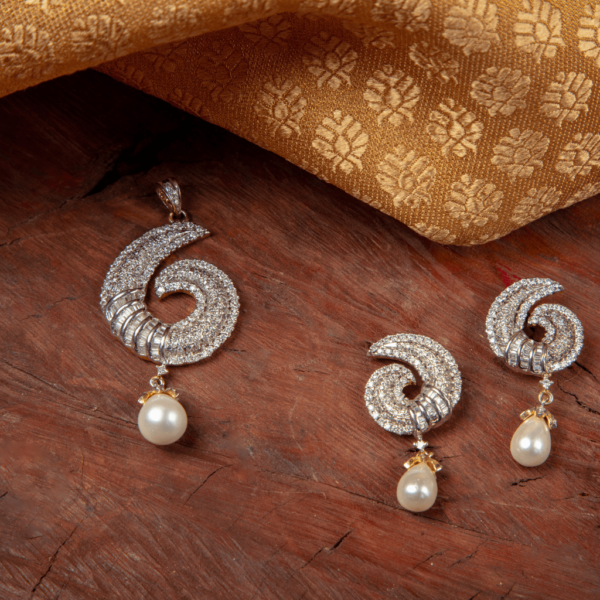 Radiance Diamond Pendant Set by Gift Elegantly. Traditional style with diamond-style stones and pearl hanging. Treat yourself or gift to someone special.