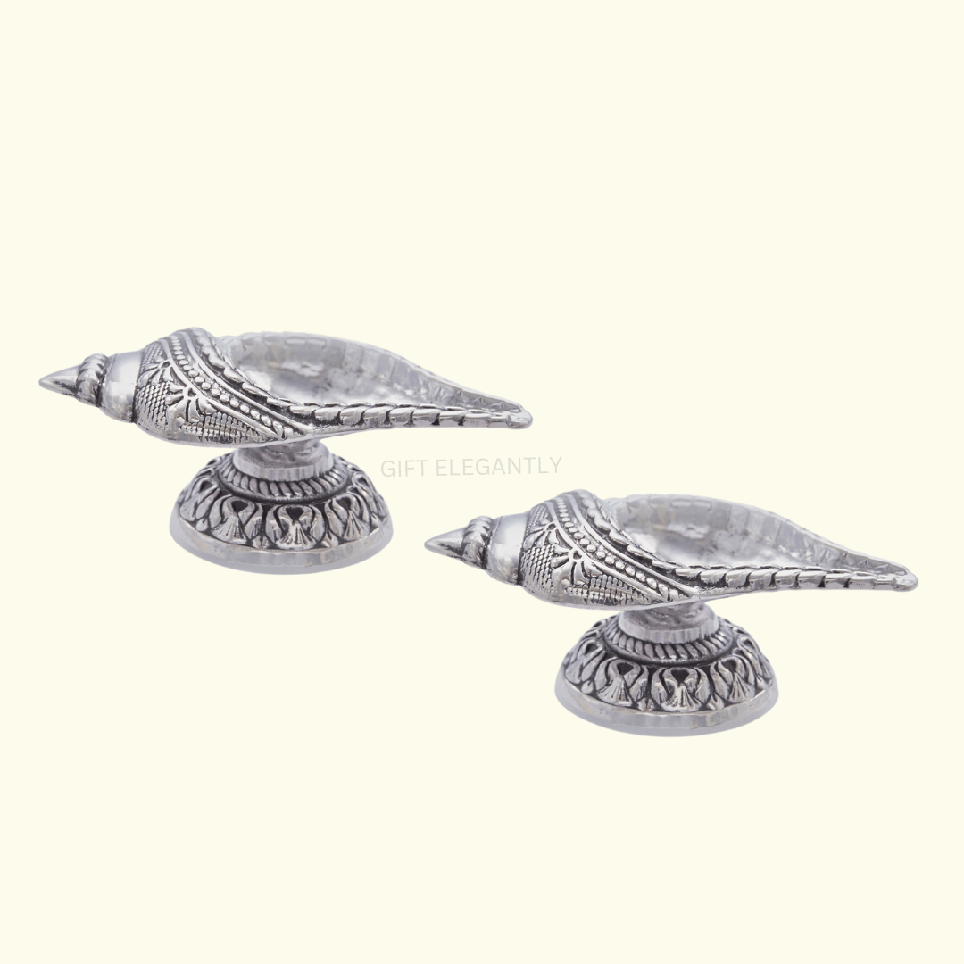 Silver Shell Shankh Diya | Set of 2 | 925 Sterling Silver | Oxidized Finish | Spiritual Decor | Home Puja Use | Gift Elegantly - Image 3