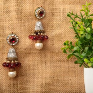 Radiant Jewel Earrings by Gift Elegantly. Red and white stone earrings with diamond accents. Ideal for premium wear. Treat yourself or gift to someone special.