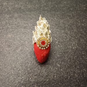 Royal red gut narial wrapped in red cloth with silver lace and decorative stone brooch for pooja and gifting