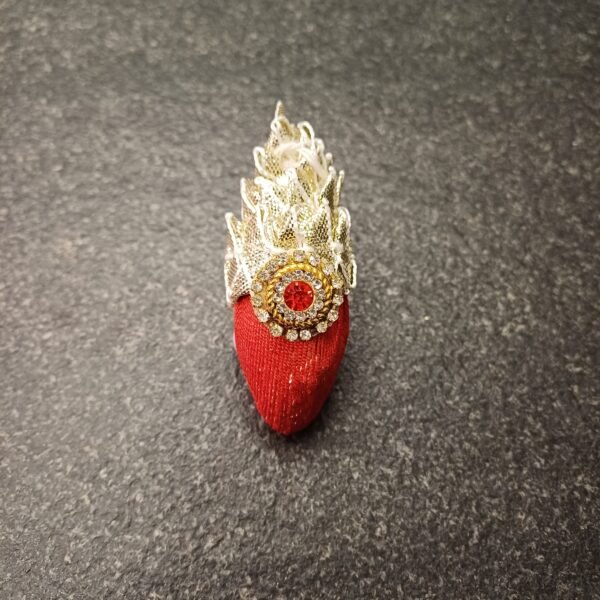 Royal red gut narial wrapped in red cloth with silver lace and decorative stone brooch for pooja and gifting