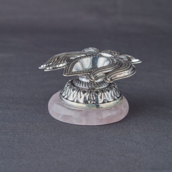 Lotus-shaped Rose Quartz Silver Diya in 925 sterling silver with a rose quartz base, ideal for home decor and gifting.