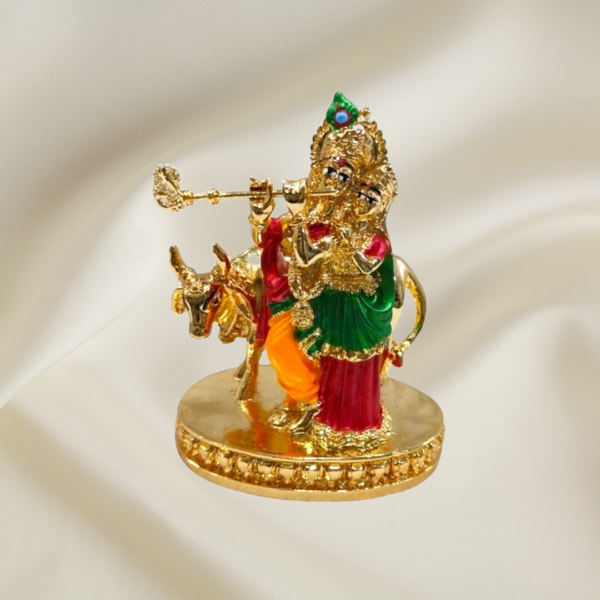 "Divine Radha Krishna Murti - 4-inch marble dust idol with vibrant colors and gold accents"