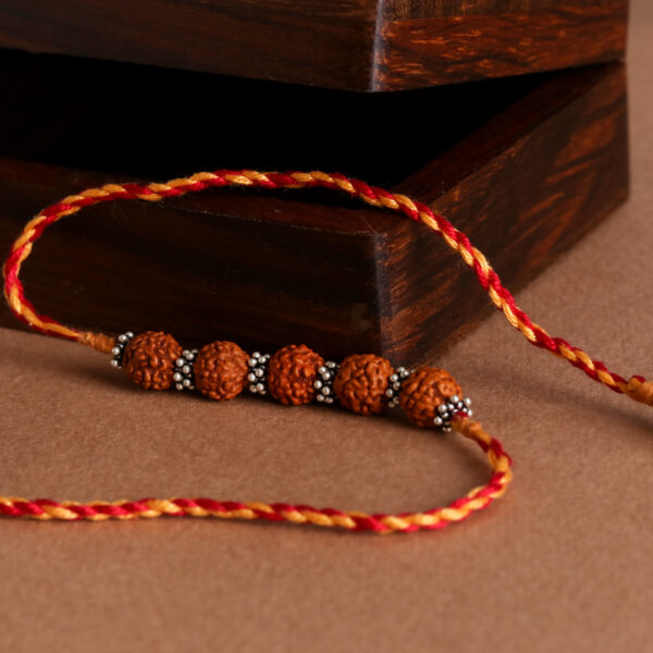 Rudraksh Silver Bead Rakhi with vibrant red and yellow threads