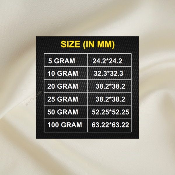 Size chart of square silver coin by Gift Elegantly