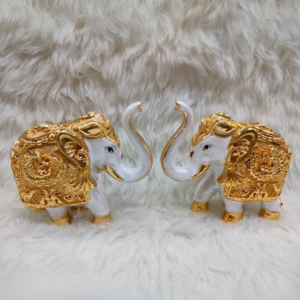 "White and Gold Divine Royal Elephant Figurines - 2-inch marble dust set with gold coating"