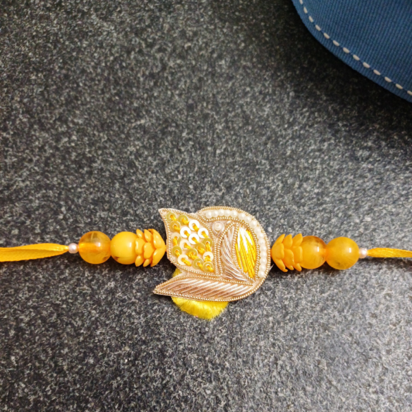 Yellow Bead Floral Rakhi with Jardosi, Resham, Stone, and Pearls