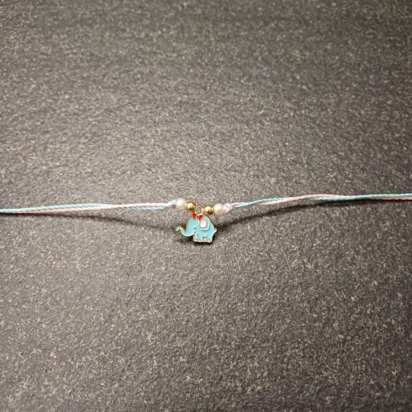 Turquoise elephant enamel charm rakhi on pastel pink and aqua resham thread with bead accents