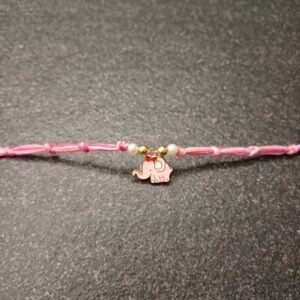 Peppy Pink Elephant rakhi with pink and peach resham thread and elephant enamel charm