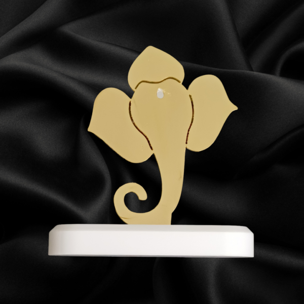 Golden Brass Ganesh Idol with a Corian base, ideal for home and office decor, and perfect for bulk and corporate gifting.