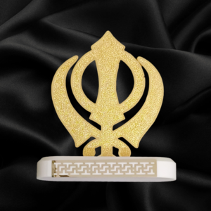 Khanda Brass Emblem with a Corian base, ideal for home and office decor, and perfect for bulk and corporate gifting.