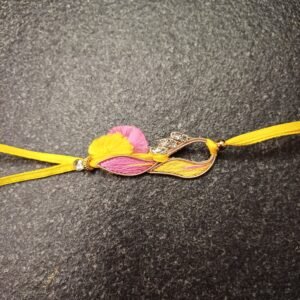 Infinity Sunshine Resham Rakhi with yellow and pink resham thread and crystal-stone design