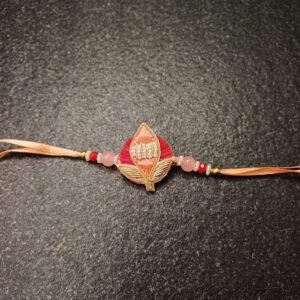 Blush Leaf Resham Rakhi with embroidered design, pink and red beads, and resham thread detailing