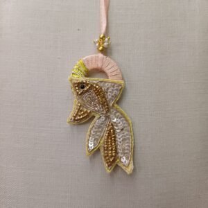 Golden Fish Embroidery Rakhi with pastel peach loop and sequined golden fish design