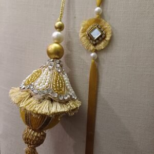 Golden Glamour Bhai Bhabhi Pair Rakhi with mirror work and tassels