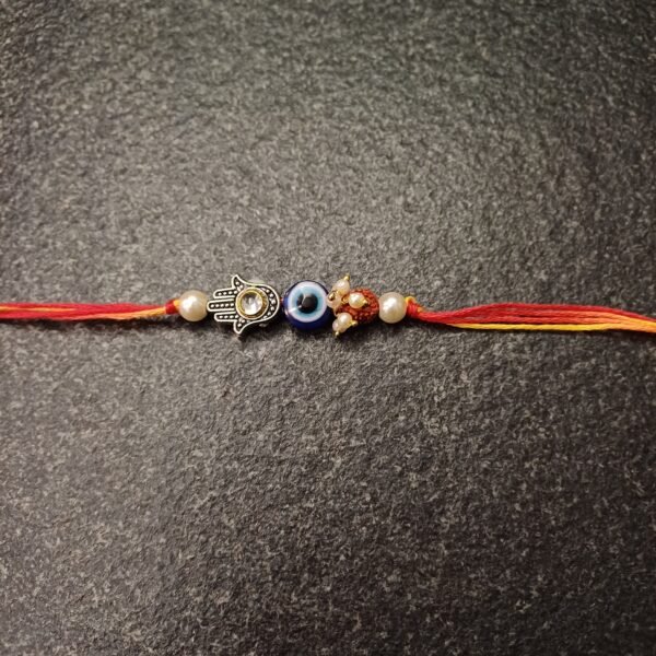 Evil Eye Moli Rakhi with Hamsa charm, pearls and red-yellow thread