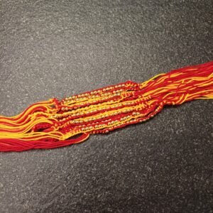 Set of 12 moli rakhis in red and yellow thread with golden beadwork