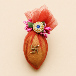 Orange Net Swastik Decorated Rakhi Nariyal